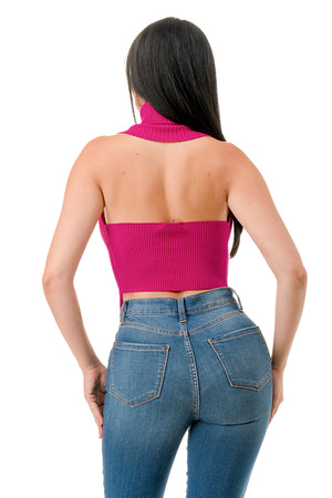 SW3402 - Open Front Ring Detailed Turtle Neck Crop Top