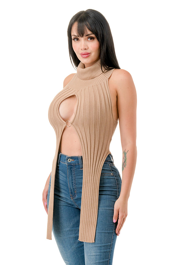 SW3402 - Open Front Ring Detailed Turtle Neck Crop Top