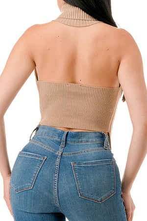 SW3402 - Open Front Ring Detailed Turtle Neck Crop Top