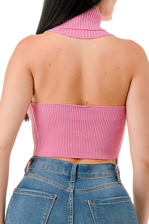 SW3402 - Open Front Ring Detailed Turtle Neck Crop Top