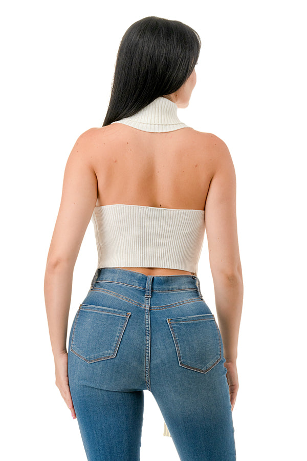 SW3402 - Open Front Ring Detailed Turtle Neck Crop Top