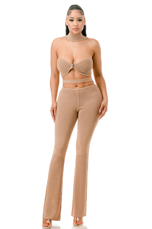 SW3396-Cropped Halter Top and Flare Pants Knit Set