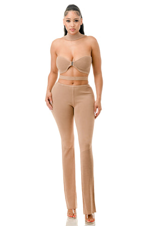 SW3396-Cropped Halter Top and Flare Pants Knit Set