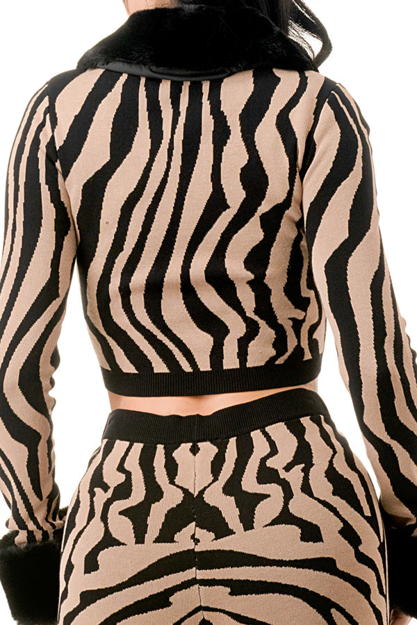 SW3771-Zebra Print Jacket and Pants 2 Piece Knit Set