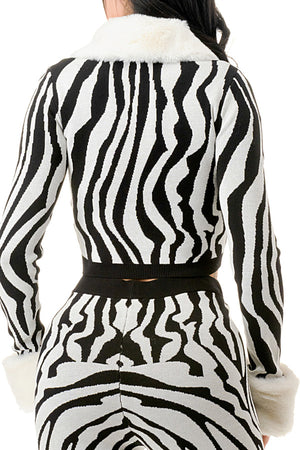 SW3771-Zebra Print Jacket and Pants 2 Piece Knit Set