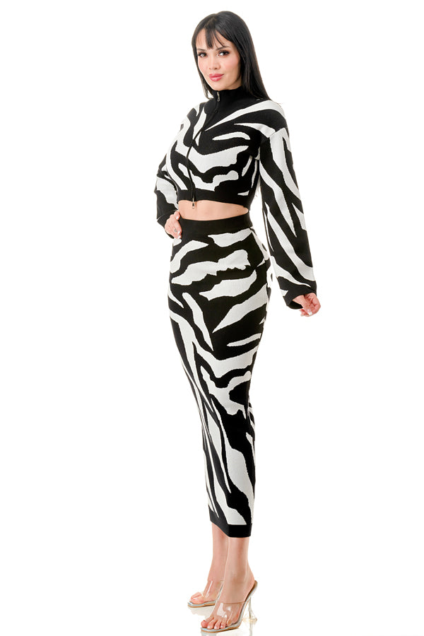 SW3809 - Zebra Pattern Turtleneck and Midi Skirt Set