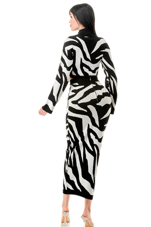 SW3809-Zebra Pattern Turtleneck and Midi Skirt Set