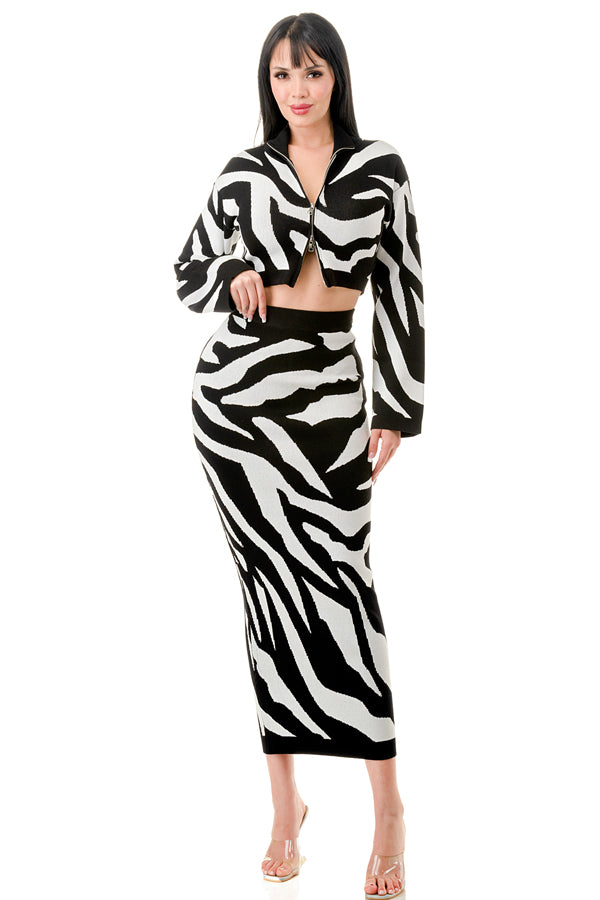 SW3809-Zebra Pattern Turtleneck and Midi Skirt Set