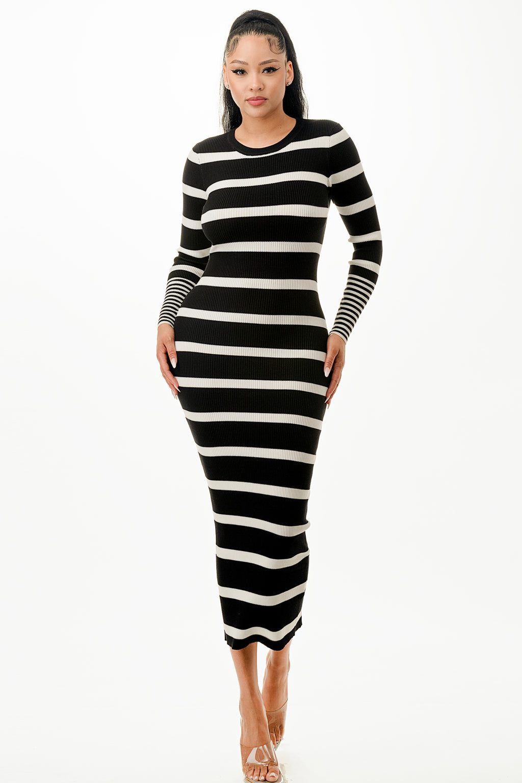 SW3728 Multi Striped Bodycon Maxi Rib Knit Dress