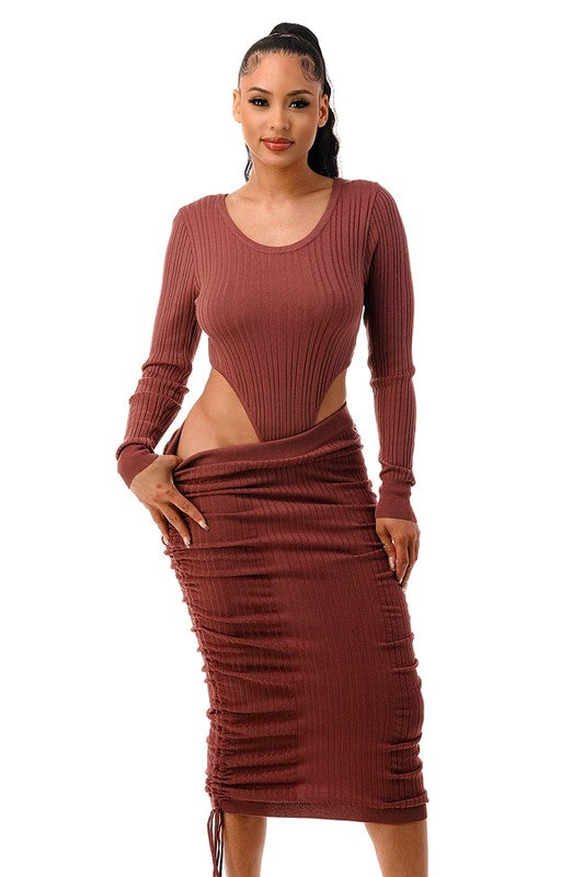 SW1702 - Fitted High Cut Body Suit and Ruche Maxi Skirt Set