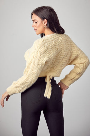 SW1659 - Fuzzy Cable Knit Wrap Sweater