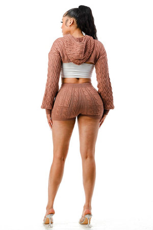 SW1630 - Pullover Cropped Hoodie and Short Cable Knit Set