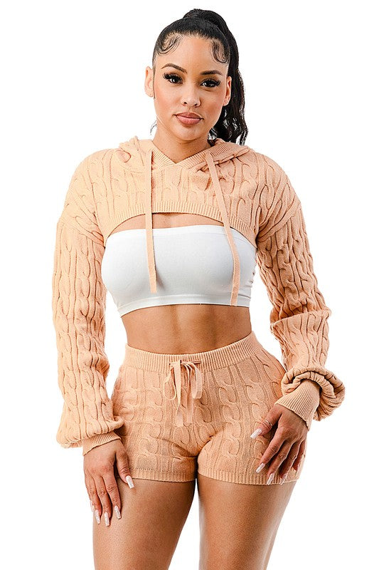 SW1630 - Pullover Cropped Hoodie and Short Cable Knit Set