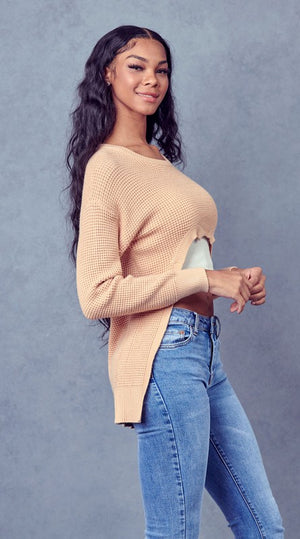SW1633 - Cut Out Waffle Knit Cashmere Sweater
