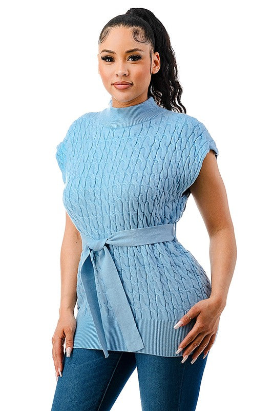 SW1643 - Belted Short Sleeve Sweater
