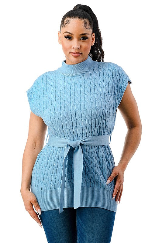 SW1643 - Belted Short Sleeve Sweater