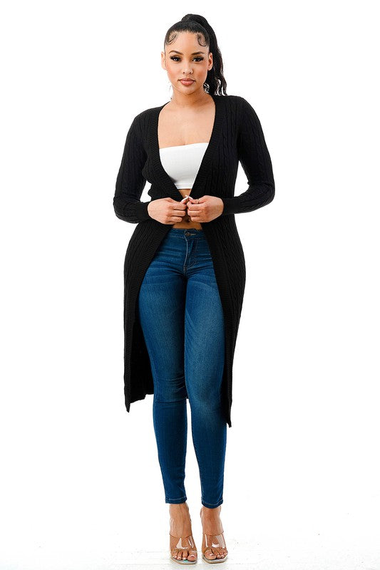 SW457 - Long Body Cable Knit Open Cardigan