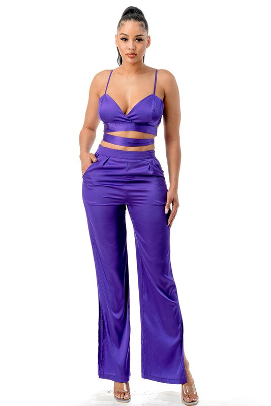 TP1144 - Bralette Wrap Top and Flare Pants Satin Set