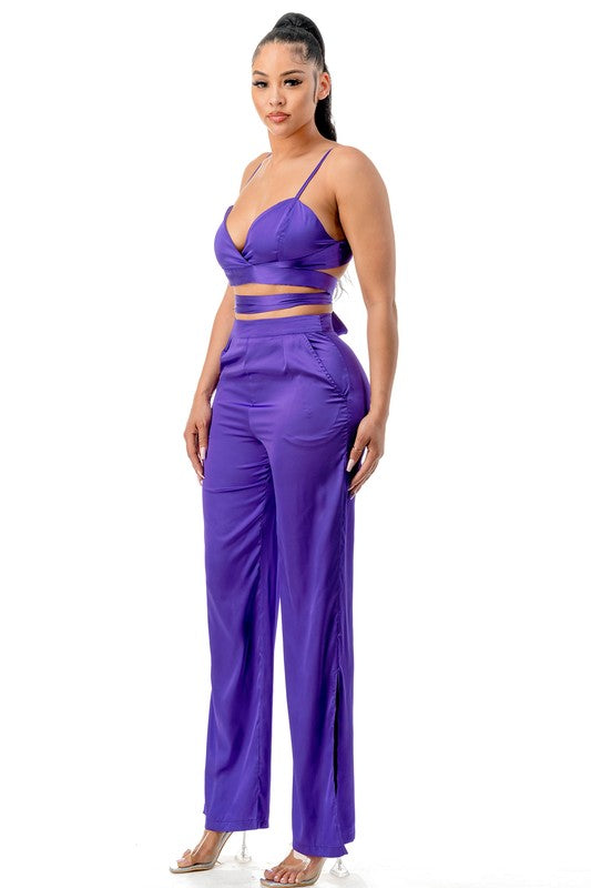 TP1144 - Bralette Wrap Top and Flare Pants Satin Set