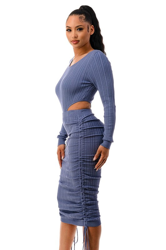 SW1702 - Fitted High Cut Body Suit and Ruche Maxi Skirt Set