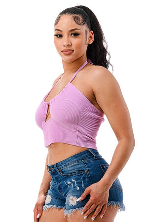 SW2068-1 - Ribbed Halter Crop Top