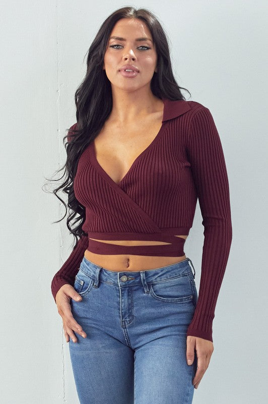 SW1610 - V Neck Wrap Tie Cropped Polo Top