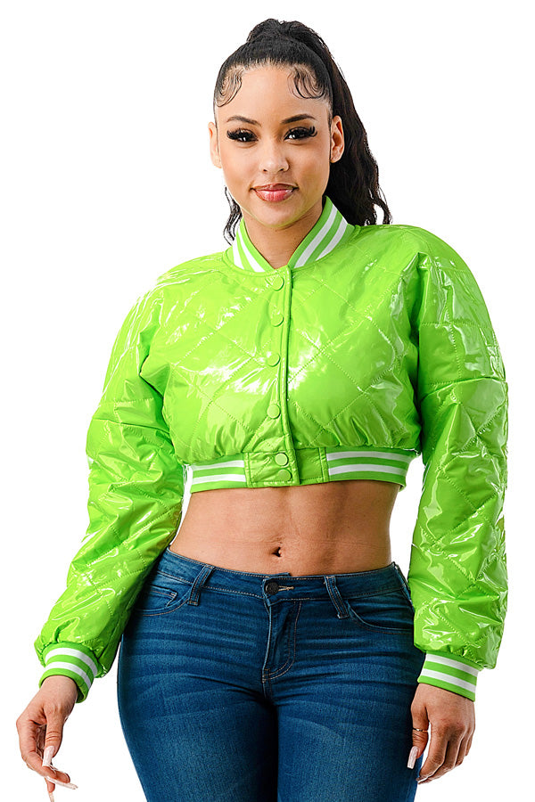 J297 - Cropped Quilted Latex Bomber Jacket