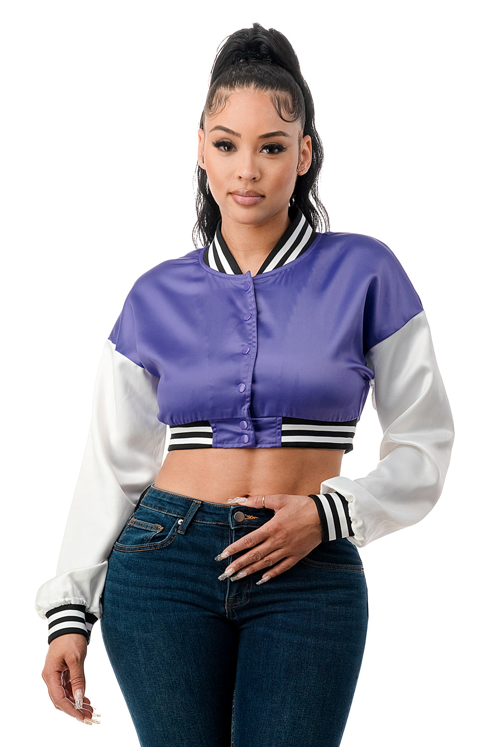 J332 - Cropped Satin Varsity Jacket