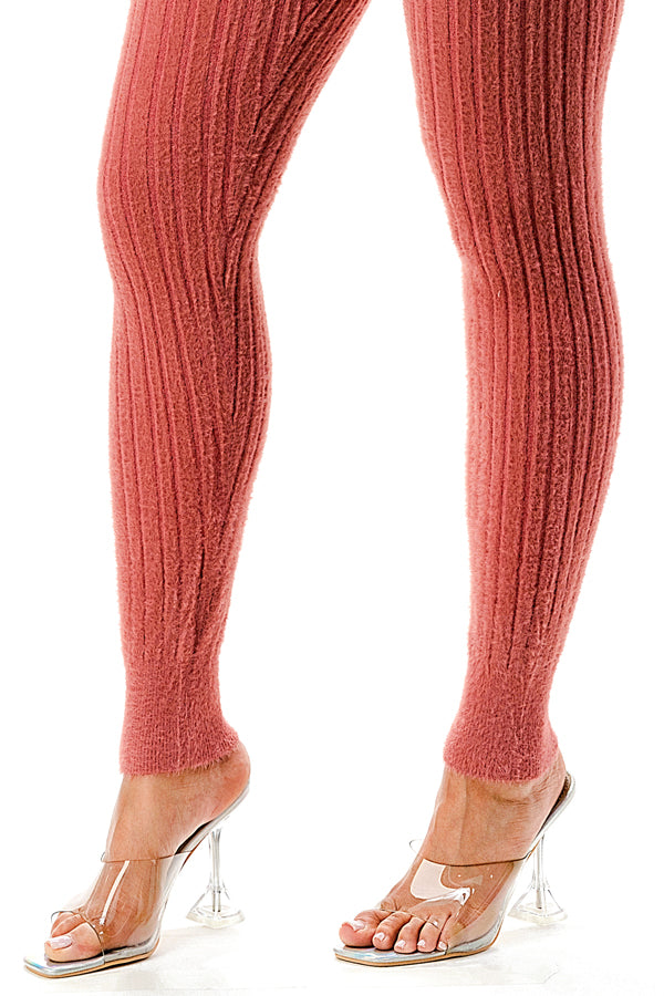 SW1798 - Ruche Top and Matching Pant Fuzzy Rib Knit Set