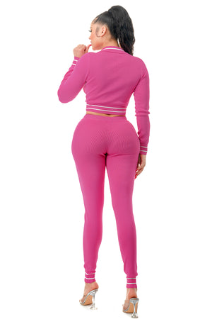 SW2800 - Collared Long Sleeve Crop Top and Jogger Pants Set