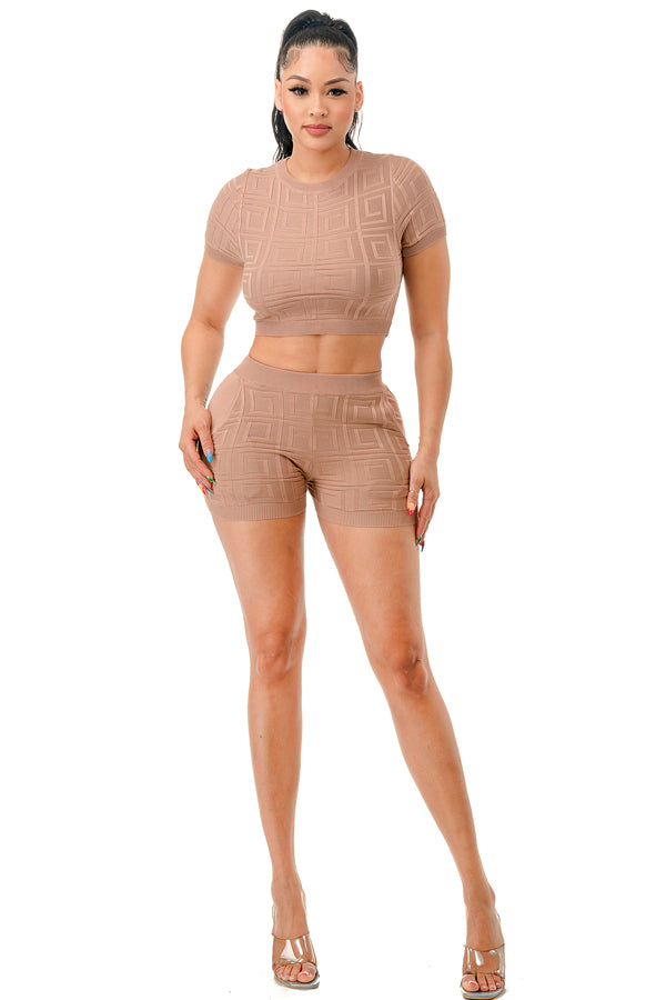 SW3061 - Textured Fabric Crop Top and Short Matching Set