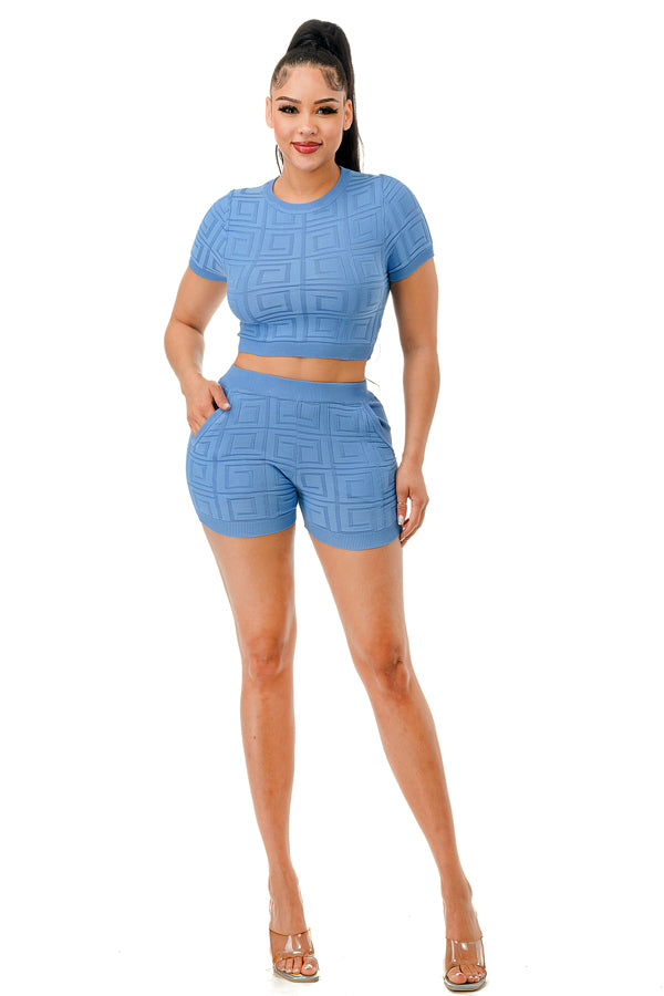 SW3061 - Textured Fabric Crop Top and Short Matching Set
