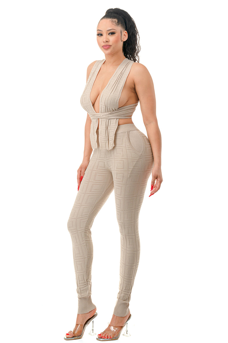 SW3094 - Textured Sweater Knit Multi Wrap Top and Pant Set