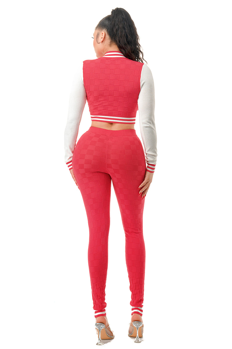 SW3095 - Textured Two Piece Varsity Top and Bottom Knit Set