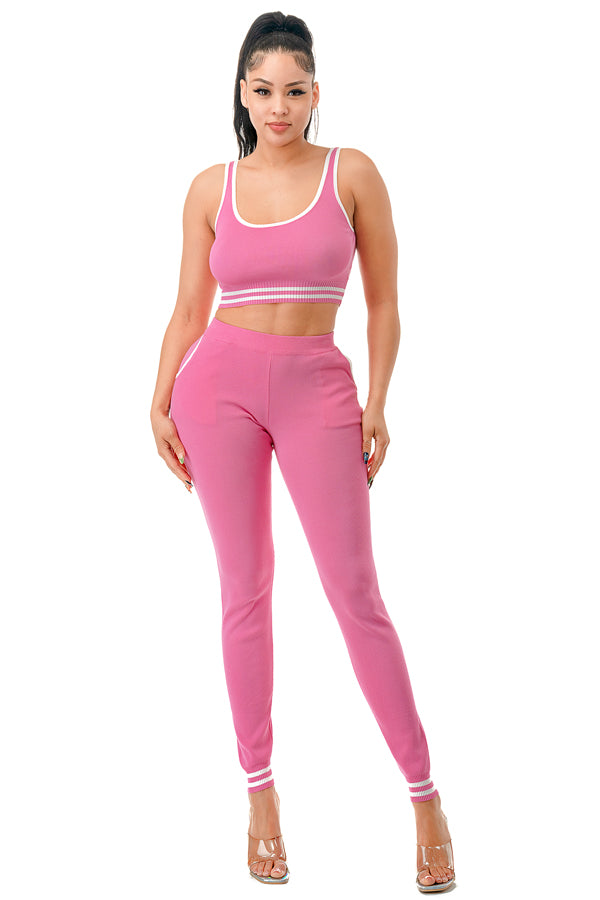 SW3097 - Cropped Tank Top and Pants Ribbed Knit Set