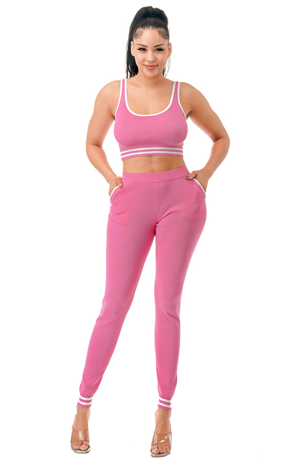 SW3097 - Cropped Tank Top and Pants Ribbed Knit Set
