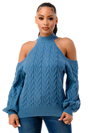 SW1641 - Cable Knit Cutout Shoulder Sweater