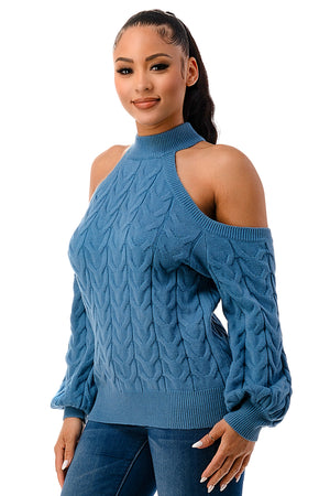 SW1641 - Cable Knit Cutout Shoulder Sweater