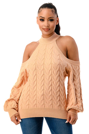 SW1641 - Cable Knit Cutout Shoulder Sweater