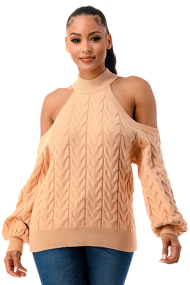 SW1641 - Cable Knit Cutout Shoulder Sweater