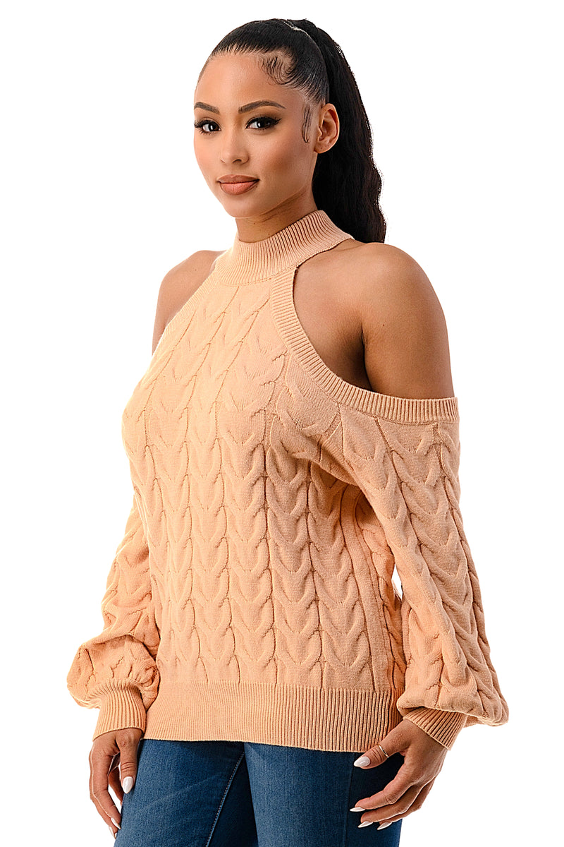 SW1641 - Cable Knit Cutout Shoulder Sweater