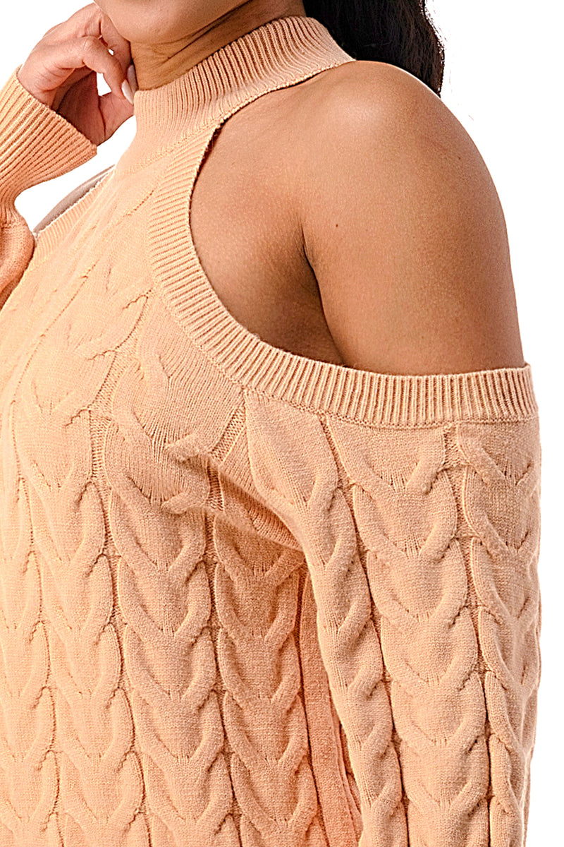 SW1641 - Cable Knit Cutout Shoulder Sweater