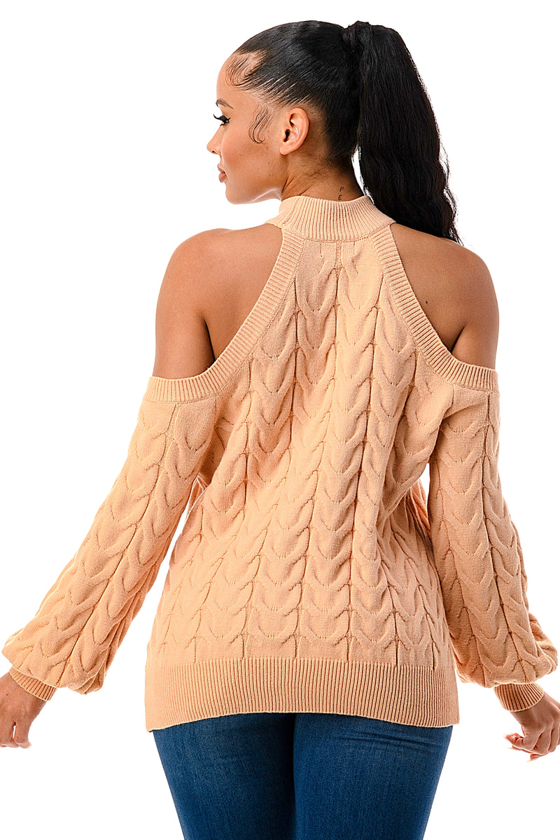 SW1641 - Cable Knit Cutout Shoulder Sweater