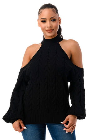 SW1641 - Cable Knit Cutout Shoulder Sweater