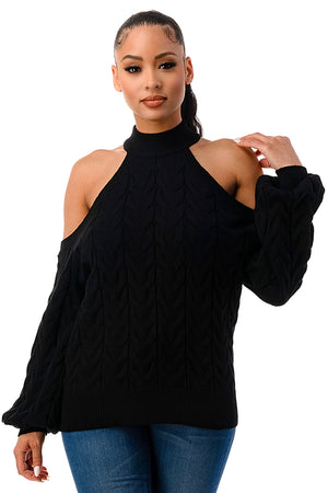 SW1641 - Cable Knit Cutout Shoulder Sweater