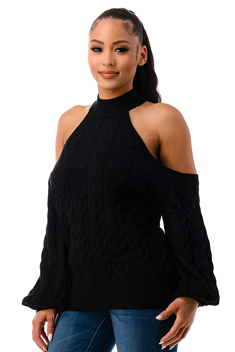 SW1641 - Cable Knit Cutout Shoulder Sweater