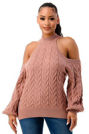 SW1641 - Cable Knit Cutout Shoulder Sweater