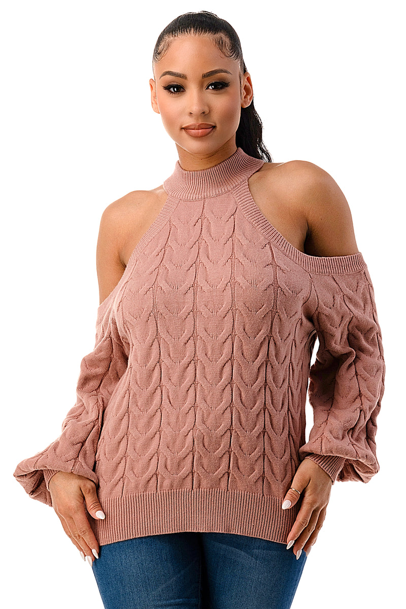 SW1641 - Cable Knit Cutout Shoulder Sweater