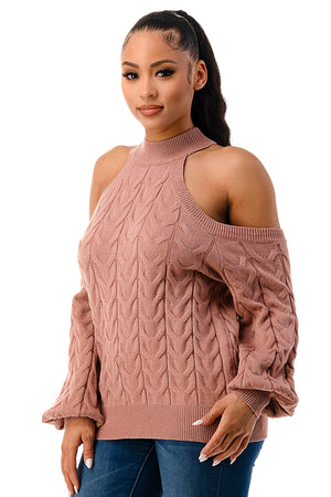 SW1641 - Cable Knit Cutout Shoulder Sweater