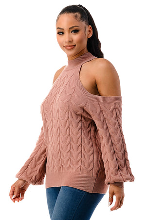 SW1641 - Cable Knit Cutout Shoulder Sweater